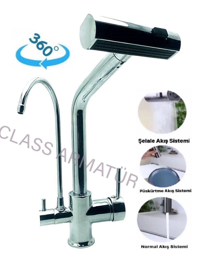 Krom Mutfak Arıtma Evye Bataryası 3 foksiyonlu su akiş başlikli